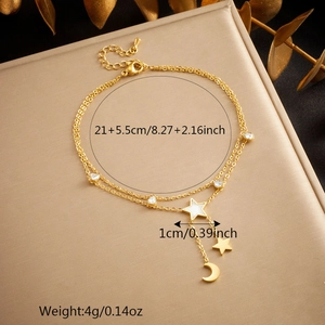 Gold double-layer anklet with star moon pendants and dimensions 21+5.5cm 4g weight