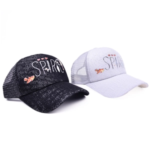 Detail of embroidered Spirit logo on mesh trucker hats in black and light grey colors