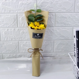 Detail of soap sunflower bouquet in kraft paper with Best Wishes sticker and twine bow