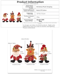 Detailed dimensions of handmade Santa and snowman plush ornaments with fabric texture details