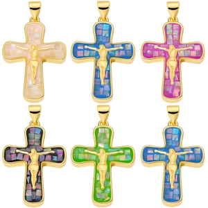 Religious cross pendants with Jesus figures and colorful mother of pearl inlay charms