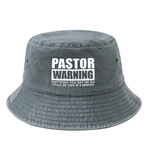 Dark gray washed cotton bucket hat with white humor quote print and foldable sun brim