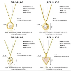 Size chart showing 18k gold plated stainless steel pearl and shell heart necklaces