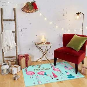 Christmas flamingo doormat on wooden floor with gift boxes and festive decorations