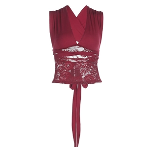 Sleeveless V-neck lace patchwork top in burgundy with wrap-around tie waist design