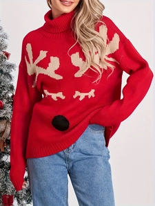 Roter Damen Weihnachtspullover mit Rentier Elch Jacquard und Stehkragen Design