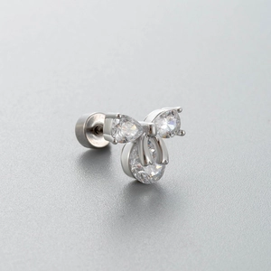Silver titanium steel stud earring featuring a bow-shaped zircon and screw back design