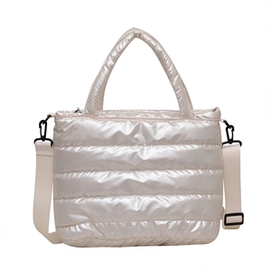 Quilted off-white puffy tote bag in glossy nylon fabric with adjustable strap