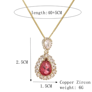 Detailed size specifications for gold teardrop necklace with red zircon pendant
