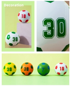 Detail of 6cm mini elastic soccer stress balls with vintage numbers and colorful patterns