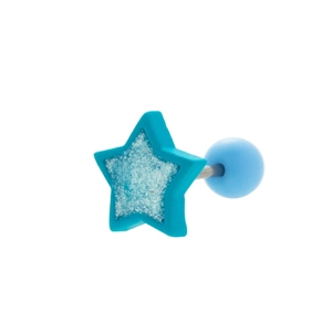 Detail of blue pentagram star stud earring with shimmering texture and screw back ball