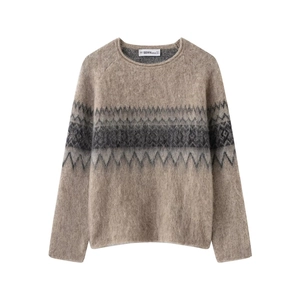 Women Knit Sweater Pullover Fuzzy Mohair Like Geometric Fair Isle Pattern Crew Neck Long Sleeve Retro Casual Elegant