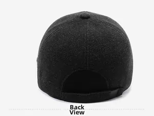 Back view of thick dark grey wool baseball cap showing adjustable strap and winter design