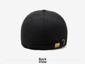 Rear view of winter baseball cap with gold metal buckle and textured wool fabric