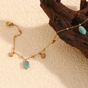 18K gold plated stainless steel anklet with blue amazonite stone and fish charm