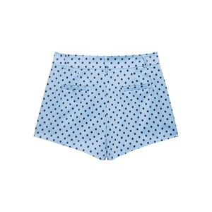 Close-up of light blue polka dot high waist shorts showing back welt pockets and belt loops