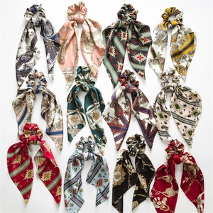 Satin Scarf Scrunchies Ribbon Hair Ties Large Elastic Ponytail Holder Vintage Pattern Satin Feel Elegant Headwear Women