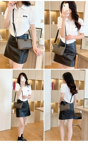 Brown checkered crossbody bag with black leather strap shown on model from multiple angles