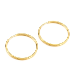 Classic gold stainless steel hoop earrings in a minimalist round design on white background