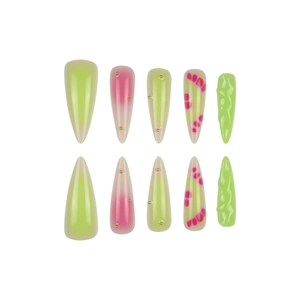 Faux ongles 3D fleurs arc-en-ciel forme stiletto avec dégradé vert fluo et décorations