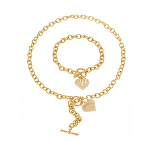 Set collana e bracciale dorati con ciondolo a cuore e chiusura a T in acciaio inox