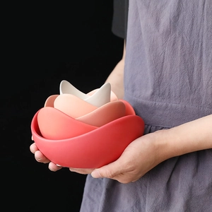 Nordic lotus flower ceramic bowls set with elegant pink gradient and matte finish texture