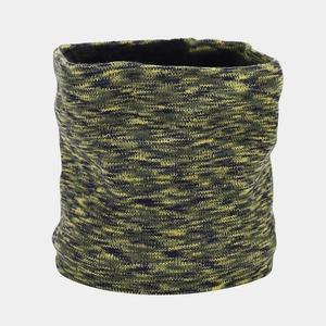 Detail of winter neck warmer with camo knit pattern and thick black fleece lining