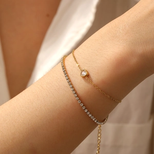Double-layered gold stainless steel bracelet with diamond zircon heart and star pendants