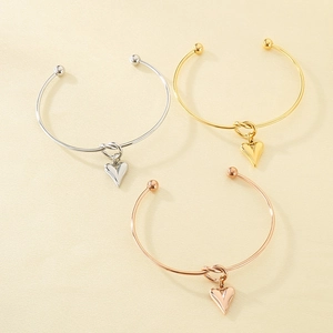 Fashionable stainless steel open heart bangles in silver, gold, and rose gold finishes