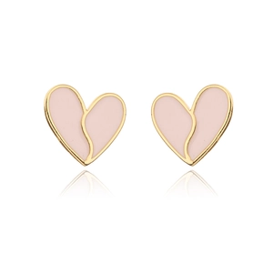 Orecchini a lobo a cuore in oro 18K con finitura in smalto rosa su sfondo bianco