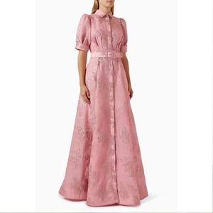 Pink Jacquard Maxi Dress Women Elegant Vintage French Style Short Puff Sleeve Shirt Collar Button Down With Belt A-Line