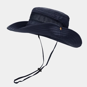 Detail of navy blue outdoor sun hat featuring breathable mesh layer and adjustable chin strap