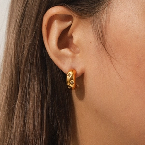 18K gold plated C-shaped stainless steel hoop earrings with star-set cubic zirconia