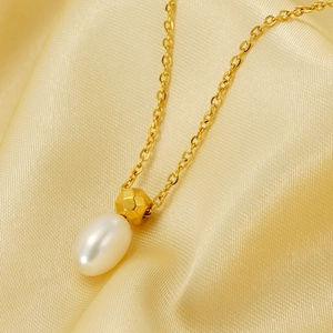 Drop Artificial Pearl Necklace Stainless Steel 18K Gold Plated Hammered Bead Elegant Water Drop Jewelry For Women
