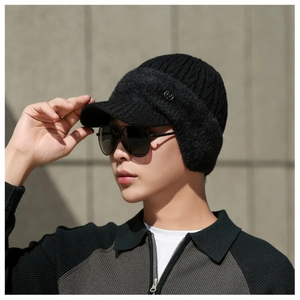 Detail of men's winter knit hat featuring windproof ear flaps and warm fleece lining