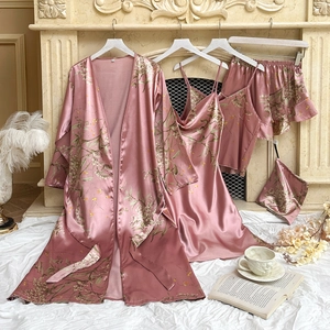 Imprimé Floral Imitation Satin Satin Pyjama Robe Robe Cami Et Short Avec Sac Pour Femme Élégante Tenue De Détente