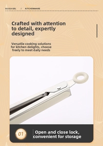 Detail of stainless steel kitchen tongs featuring a white silicone locking pull ring for storage