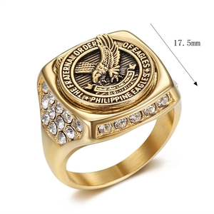 Detail of gold-plated eagle ring showing the circular Philippine Eagles emblem and zircons