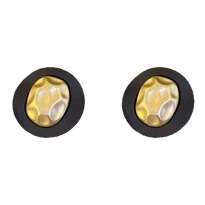Chic black matte round earrings with hammered gold metal inlay for a vintage style