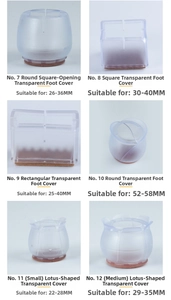 Size chart for transparent silicone chair leg floor protectors in various shapes
