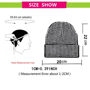 Guide des tailles pour bonnet d'hiver en tricot avec strass montrant la circonférence