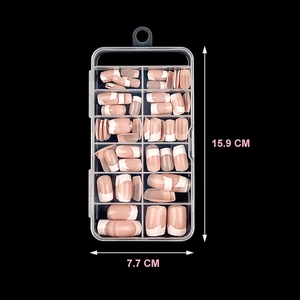 Short square French press-on nail kit with nude and white tips in a 120-piece storage box