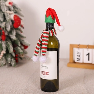 Mini Christmas wine bottle decor set with red and green plaid hat and scarf