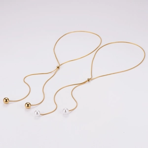 Adjustable Y-shaped gold necklace set with white pearls and metallic beads fringe
