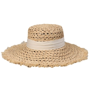 Χειροποίητο ψάθινο καπέλο raffia για γυναίκες με φαρδύ γείσο, κρόσσια και κρέμα κορδέλα