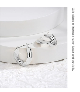 Macro shot of silver egg-shaped geometric earrings with luster-enhancing plating detail