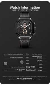 Detailed specs of the 42mm quartz watch with 30m water resistance and 316L steel case