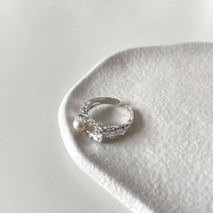 925 Sterling Silver Irregular Lava Texture Ring With Artificial Pearl And Zircon Adjustable Minimalist Open Finger Ring Women