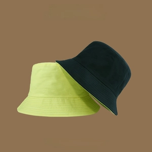 Detail of reversible sun hat in neon green and navy blue with UV protection feature