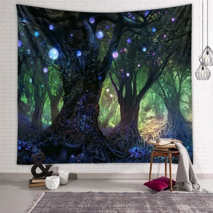 Detail of life tree tapestry with fantasy forest hanging on a white brick wall